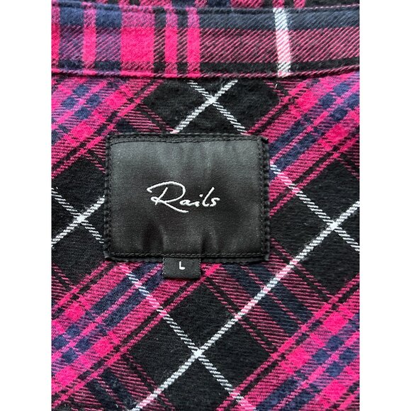 Rails Womens Plaid Button-Up Flannel Shirt Fuchsia/Black/White L Frayed Hem - Picture 8 of 10
